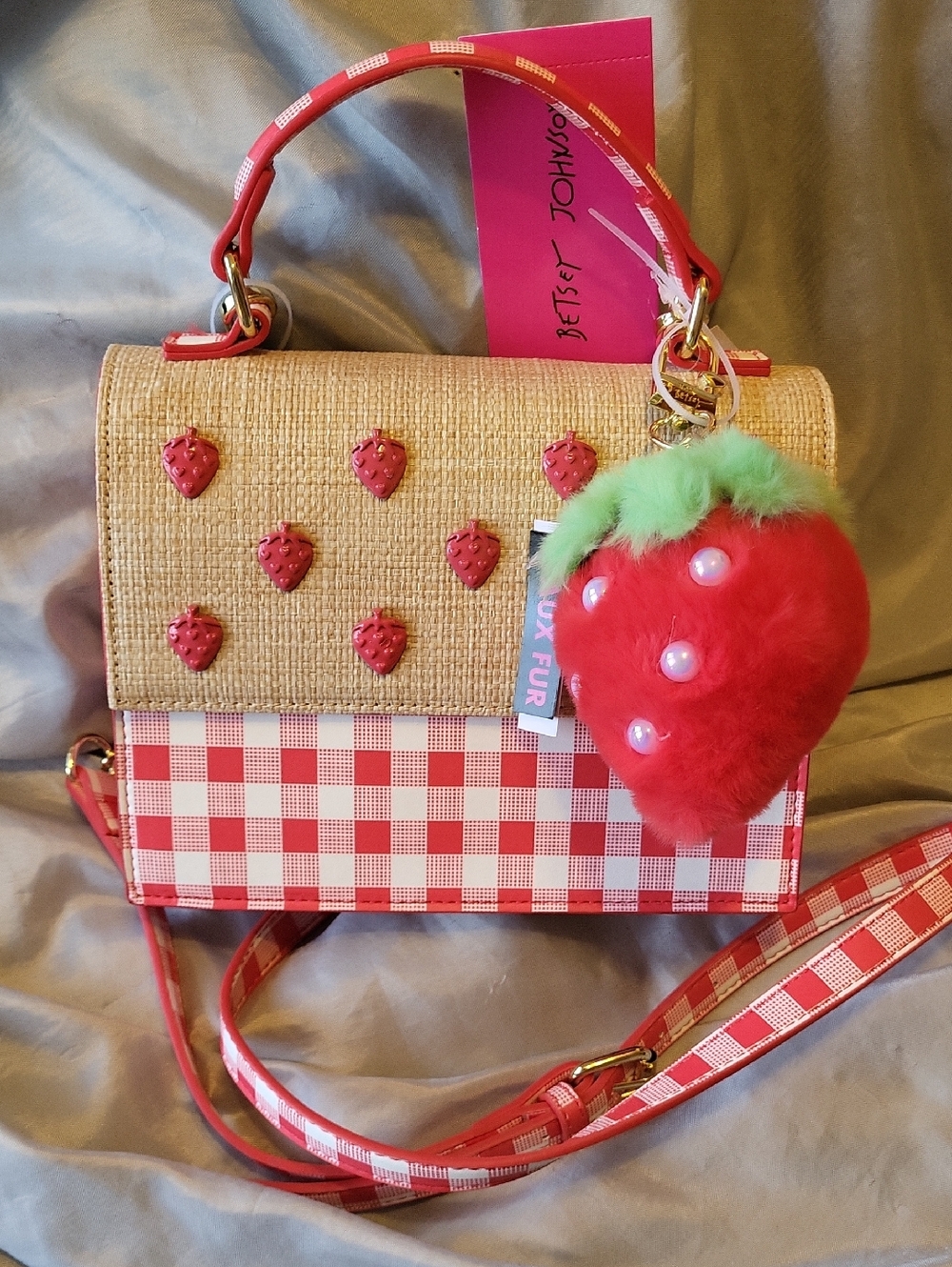 Betsey Johnson Red Gingham Straw Flap Crossbody with Strawberry Fuzzy Charm Hm